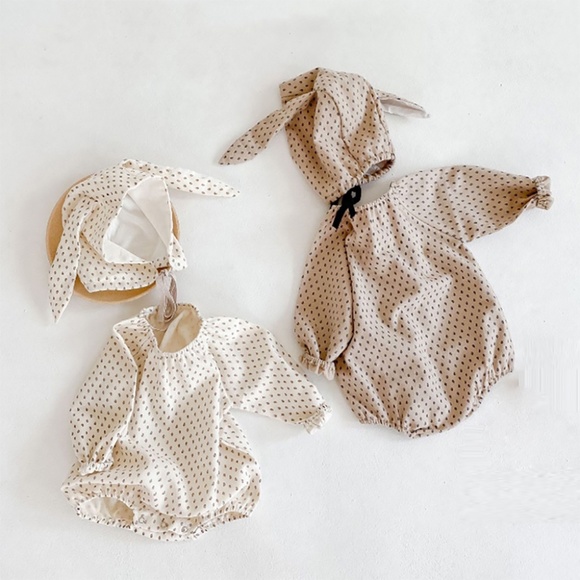 Polkadot Baby Romper Bunny Hat Set Coffee Brown - Picture 6 of 8